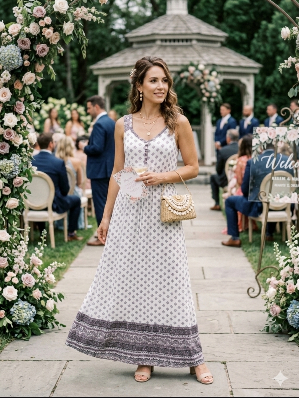Hippie Rose White Maxi Dress with Gray Geometric Print Size M